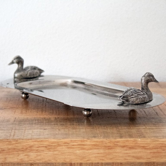 Vintage Silver-Plated 1960s French Foie Gras Dish: Duck-Shaped Handles and Art Deco Design (photo 3 of 10)