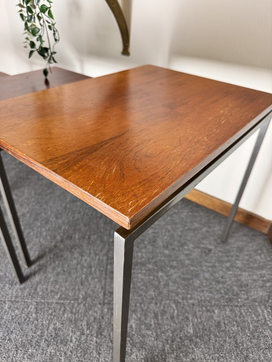 Image 1 of Set van 3 vintage bijzettafels – metaal & hout – mid-century stijl