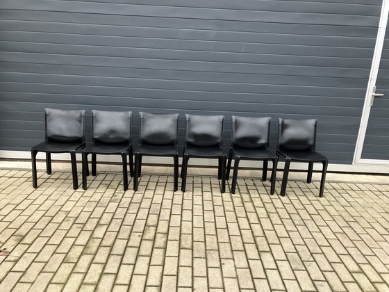 Image 1 of 6x Cassina Kabinenstuhl, schwarzes Gurtleder, Mario Bellini
