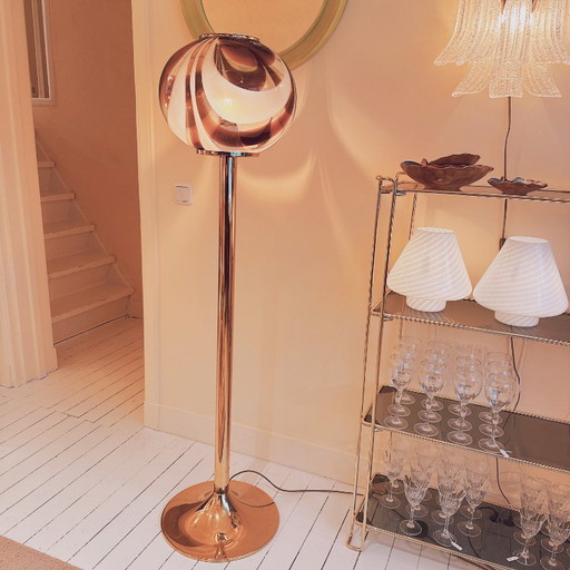 Italian Murano amber swirl glass globe floor lamp on brass base
