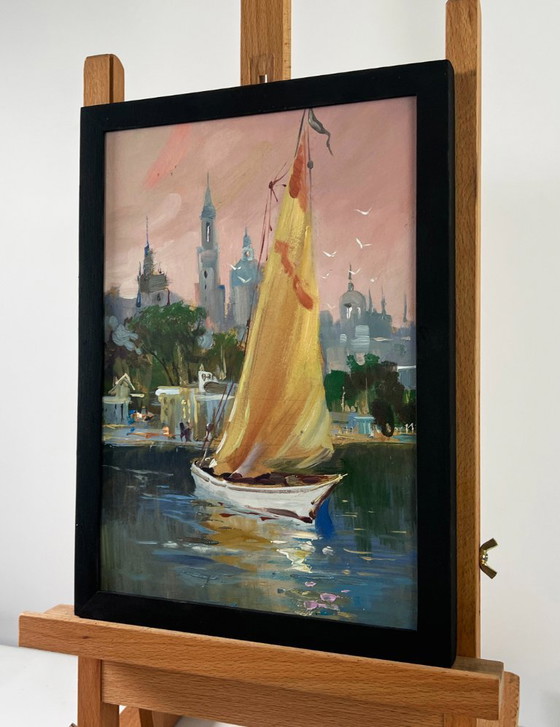 Image 1 of Origineel olieverfschilderij: Avondkustlandschap. De stad is stil, de boot vaart.