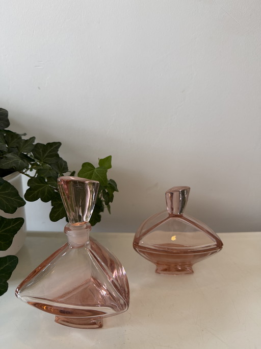 Art Deco Set Pink Glass Bottle and Lidded Jar