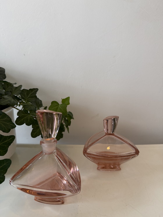 Image 1 of Art Deco Set Pink Glass Bottle and Lidded Jar