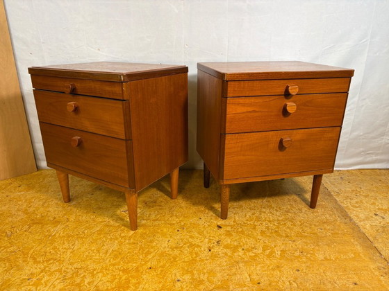 Image 1 of Pair of Vintage Stag Teak Bedside Cabinets – Mid-Century Modern (1960s–1970s)  A stunning pair of Mid-Century Modern teak bedsid
