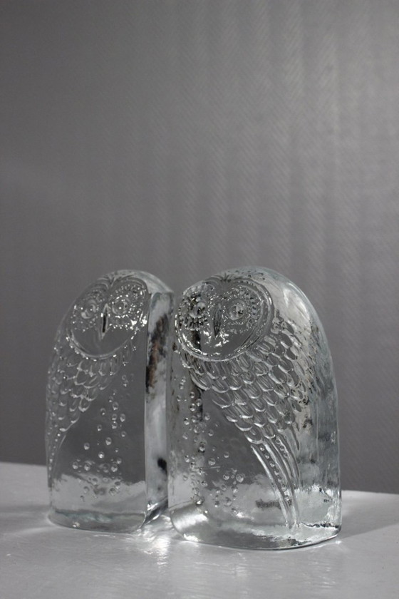 Image 1 of Coppia di grandi fermalibri vintage in vetro stampato a forma di gufi