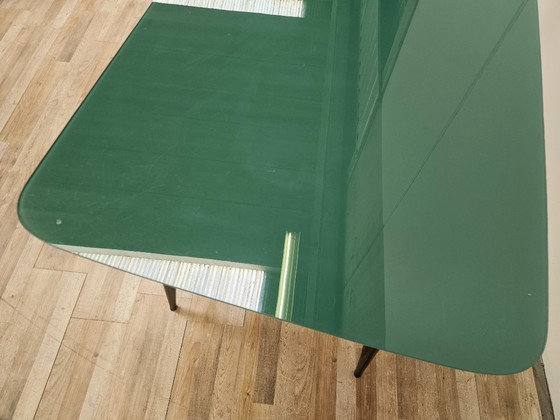 Image 1 of Mid-century mahogany dining table with aquamarine glass top