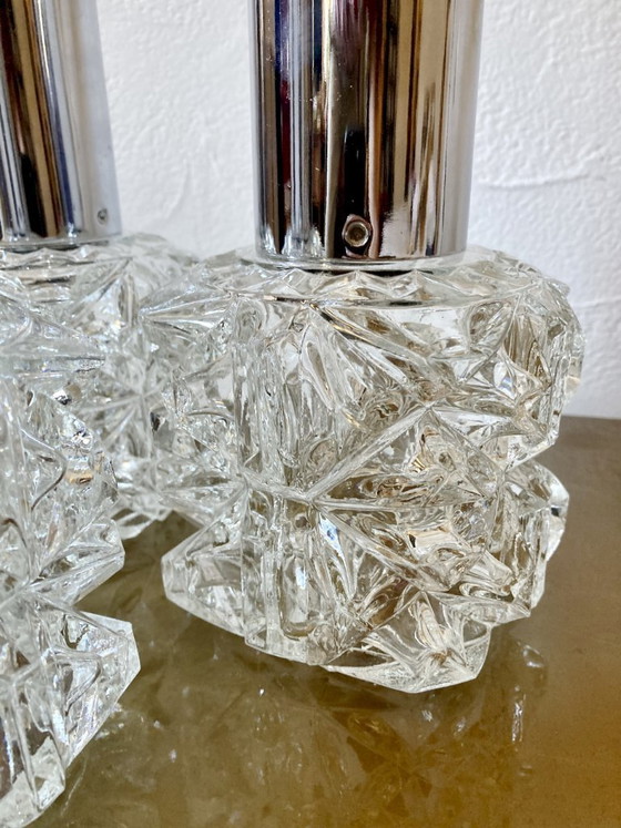 Image 1 of Lampadario a sospensione vintage a cascata a 3 luci – Vetro sfaccettato e cromo, anni '60/'70