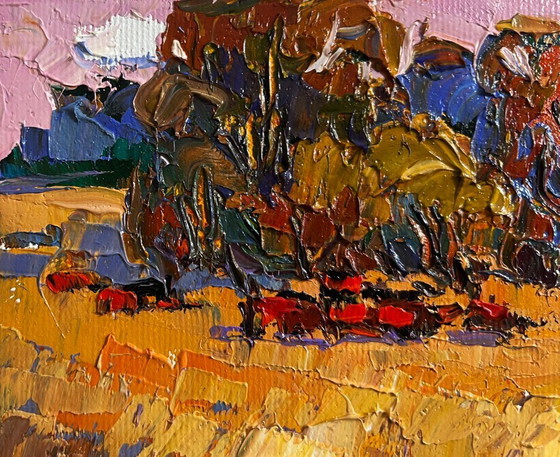 Image 1 of Original Oil Painting Evening Field Landscape On the autumn steppes