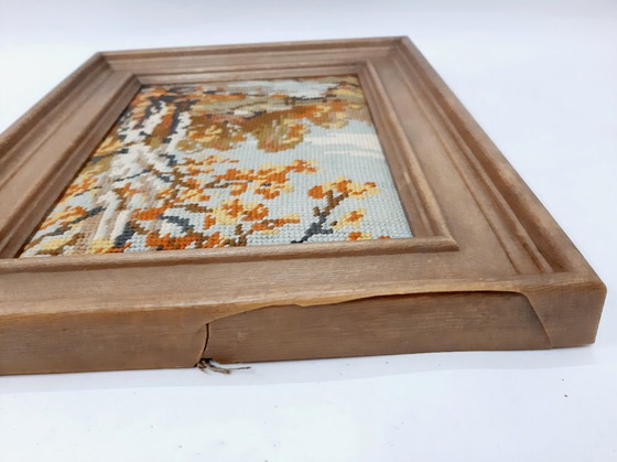 Image 1 of Tapisserie allemande vintage faite à la main, Gobelin, image encadrée paysage d'automne