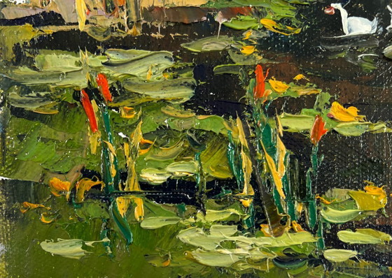 Image 1 of Original Oil Painting Summer Nature Landscape Geese in the lake