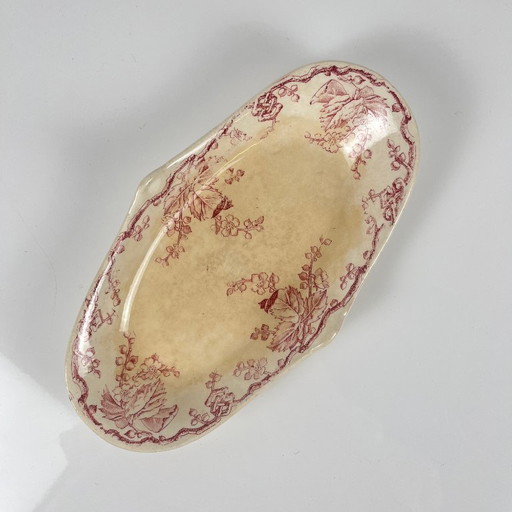 Piatto da portata ovale con manico laterale, KG Lunéville, Ironstone, "Fontainebleau", rosa, XIX secolo