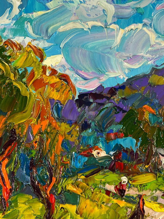 Image 1 of Original Oil Painting Nature Landscape A Village at the Foot of the Mountains