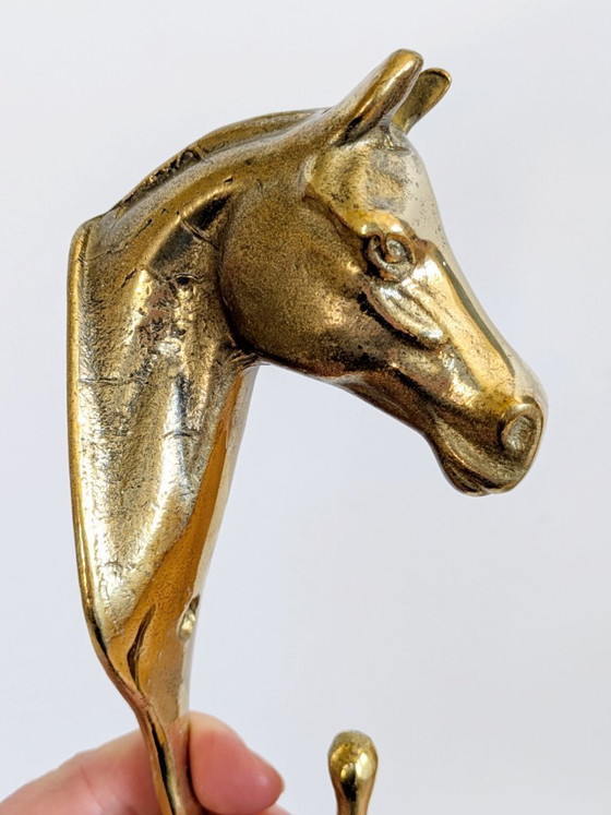 Image 1 of Set of 3 Vintage Brass Horse Head Wall Hooks Equestrian Heritage Accent