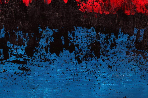 Image 1 of Contemporary abstract artwork in blue, red,black, yelow on stretched canvas