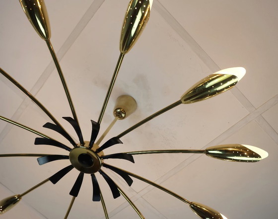 Image 1 of large 12-light sputnik spider ceiling light brass black metal 1950s mid century stilnovo era