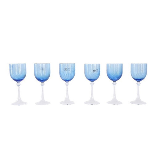 Set blauwe glazen, Murano glas, Italiaans design, jaren 70, gemaakt in Italië