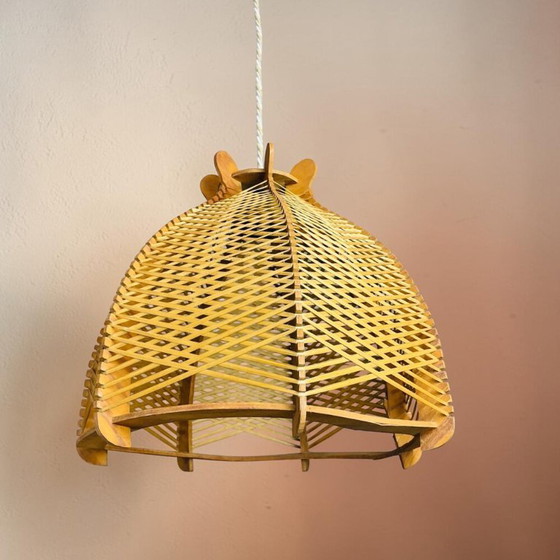 Image 1 of Large rustic style Portuguese wood and rattan hanging lamp, 1960s