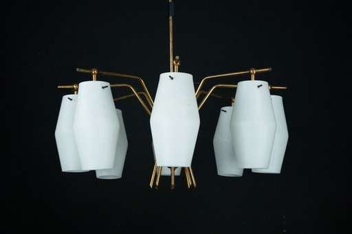 Mid-century chandelier with eight opaline glass shades in Stilnovo manner. Italy 1950s