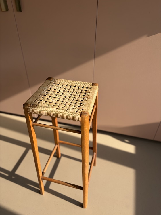 Vintage Deens Design Barkruk / Plantenstandaard – Jaren 60/70 (Papercord) – Barkrukken, Wood, Wicker (photo 6 of 10)