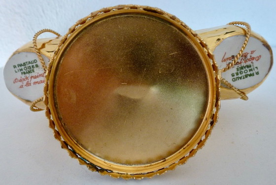 Image 1 of Vintage Verguld Limoges-Porseleinen Zout- en Peperstel in de Vorm van Zwanen met Vergulde Houder en Lepeltjes