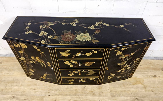 Image 1 of Vintage Chinese Sideboard / Lacquer Cabinet (Black / Birds) Bohemian / Oriental Chest of Drawers