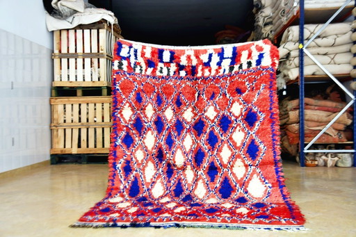 Roter & blauer Vintage-Boujaad-Teppich - 223 x 145 cm