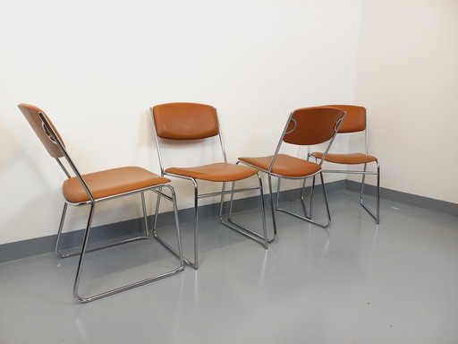 Suite of 4 vintage 70s sled chairs in chrome-plated metal and cognac skai