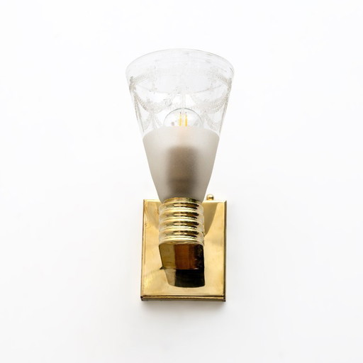 Mid Century Domus geblazen en gegraveerd Murano glas wandlampen, paar