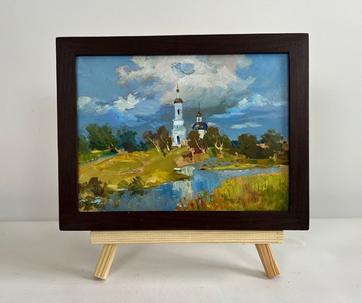 Original Oil Painting Summer Church Landscape Golden domes of the church