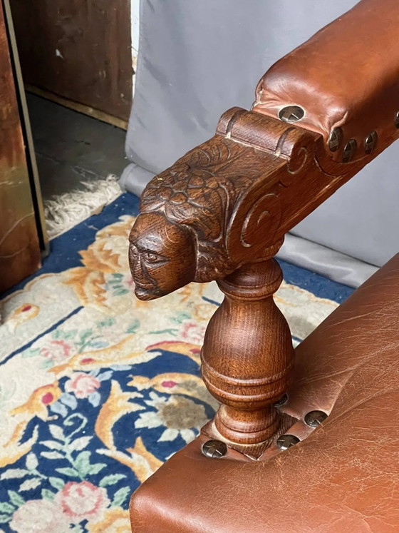 Pair of Renaissance armchairs. Carved solid oak. Holland. Late 19th century., Wood, Brown (photo 3 of 9)