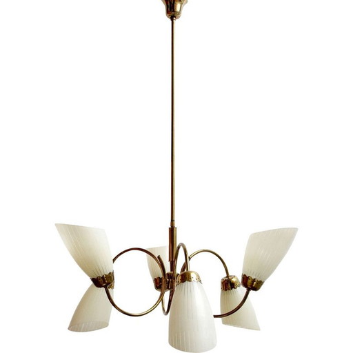 Lampadario vintage in ottone e vetro anni '50