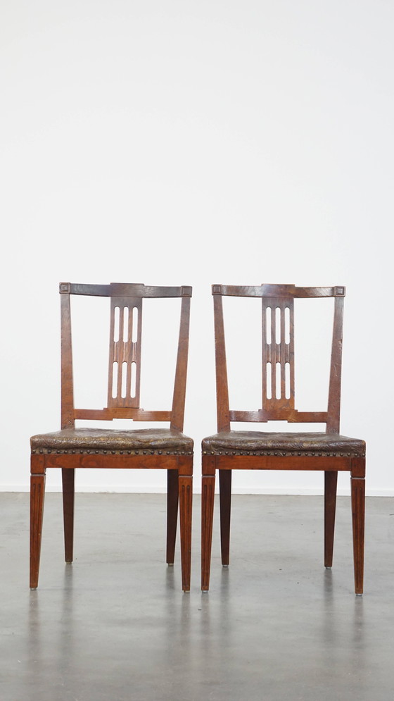 Image 1 of 6 x Leder-Esszimmerstuhl mit Holz