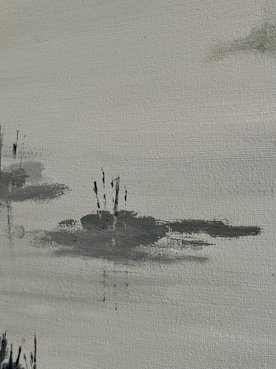 Image 1 of Large, serene landscape with mist, water, and reeds | title: 1103 | 80 x 80 cm