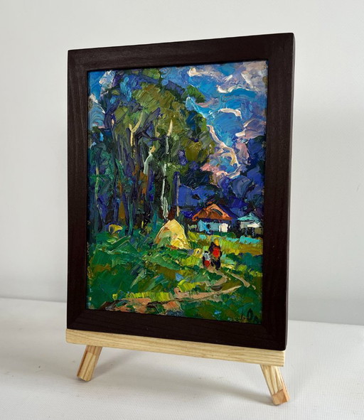 Original Oil Painting Summer Village Landscape House near the forest