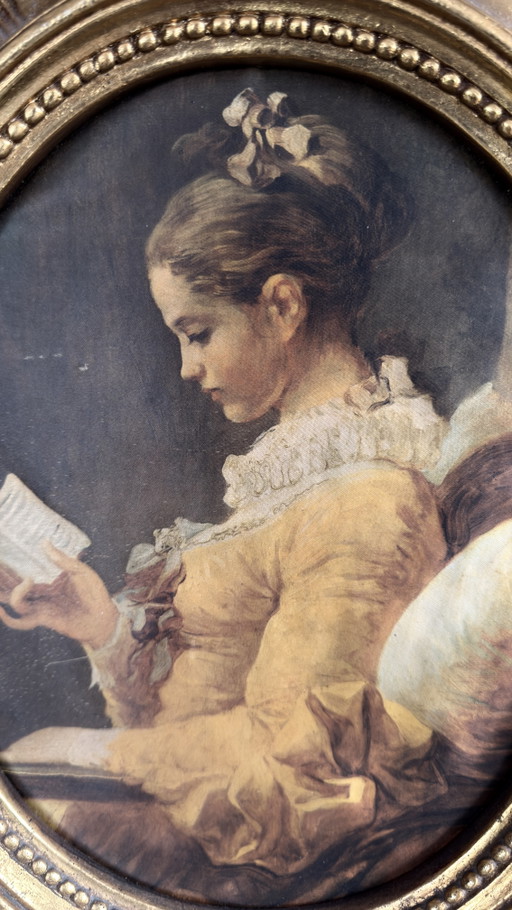 Prachtige vintage ovale lijst met reproductie – Fragonard – La Liseuse / Young Girl Reading (photo 2 of 5)