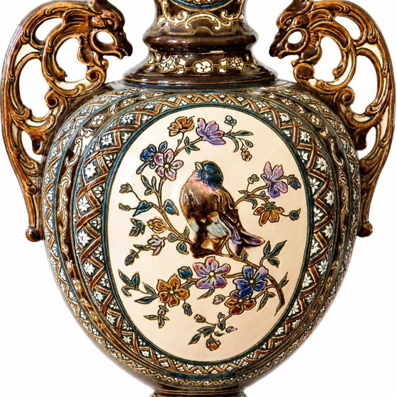 Image 1 of Pair of antique Austrian majolica vases from 1885, signed Gerbing & Stephan
