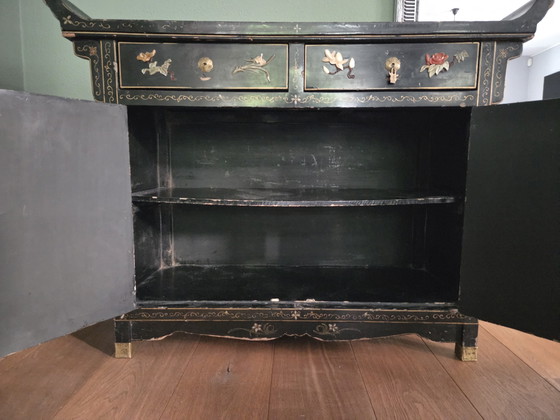 Antique Chinese Cabinet with Paintings and Soapstone – Sideboard, Wood (photo 7 of 15)