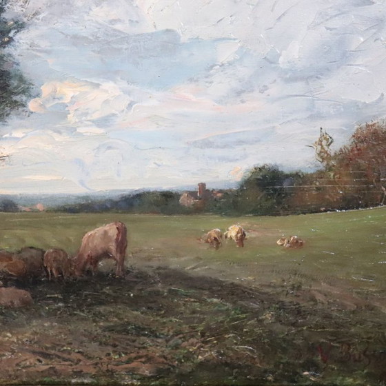 Image 1 of Olieverfschilderij op paneel, Landschap met begroeiing, gesigneerd V. Bussolino, Italië, 19e eeuw.