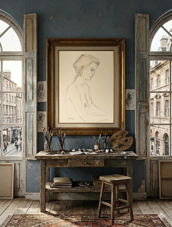 Maurice Stoppani – Bare-breasted Young Girl – Original Drawing 1986 – 31x24 cm – Paintings & Drawings, Paper (photo 2 of 5)