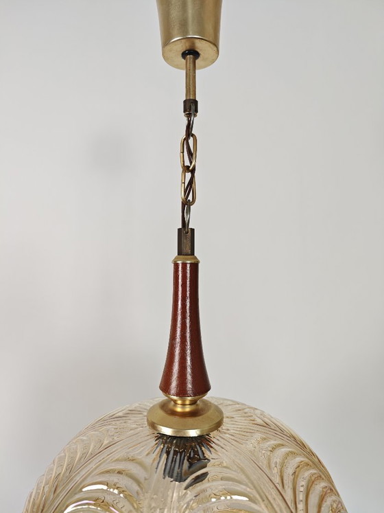 Image 1 of Vintage Amber Glass Pendant Light / 70s Mid Century Hanging Lamp / Retro Ceiling Light / Art Deco Style Glass Shade / Warm Ambie