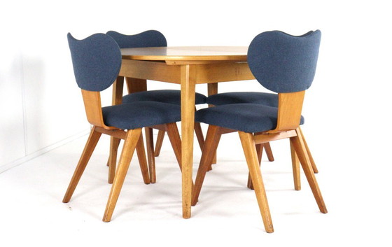 Image 1 of Beech dining set round dining table + 4 vintage dining chairs in the style of Pastoe