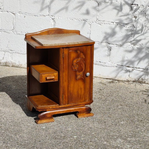 Antieke Franse Art Deco nachtkastje - Marmeren en houten nachtkastje - jaren 20 – Wood