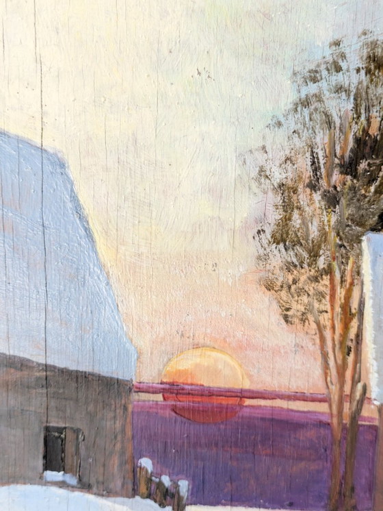 Image 1 of Pittura a olio d'epoca su tavola | Paesaggio invernale Scena di campagna | Incorniciato