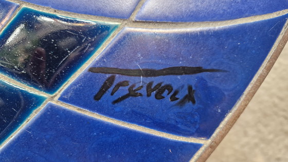 Image 1 of Guy Trévoux coffee table blue ceramic tile top