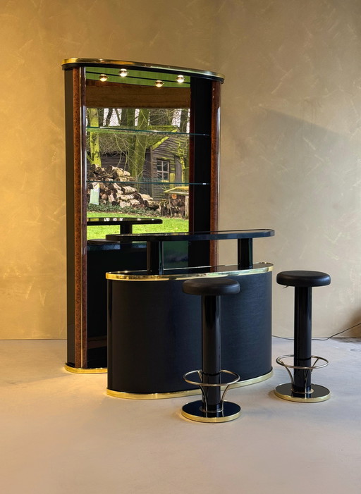 Midcentury Black Lacquered and Burlwood Cocktail Bar