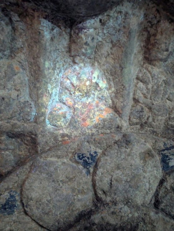 Image 1 of Large Himalayan limestone Buddha stele with naga and temple relief
