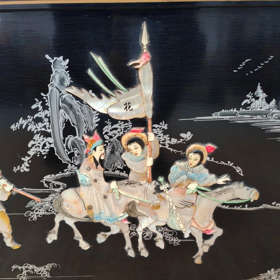 Image 1 of Vintage Chinoiserie black lacquered wall panel with mother-of-pearl inlay