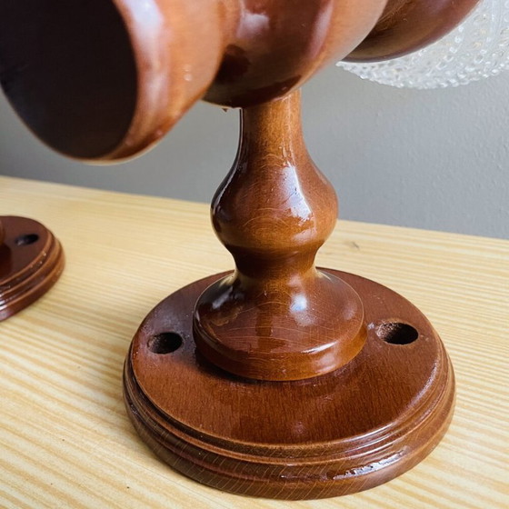 Image 1 of Apliques de pared rústicos portugueses de madera y cristal, juego de 2, década de 1990.