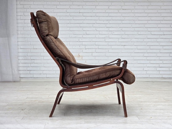 Image 1 of 1970s, Scandinavian lounge chair, nubuck leather, canvas, beech wood.