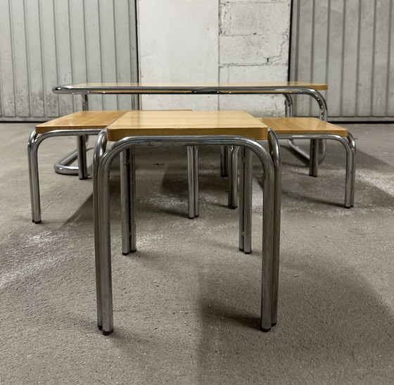 Image 1 of Set of 4 70s metal and solid oak nesting tables